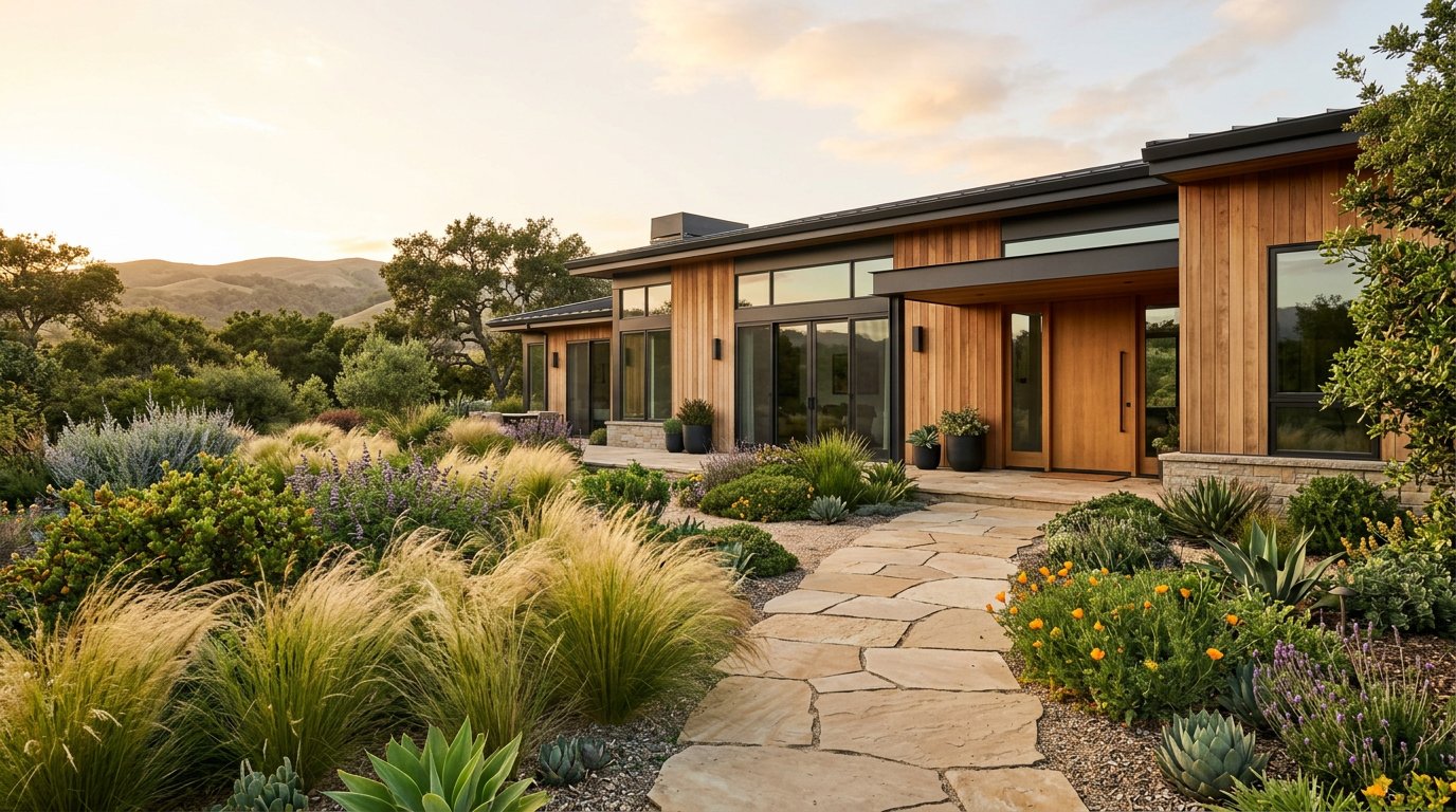 A modern home entry with warm lighting and carefully shaped planting