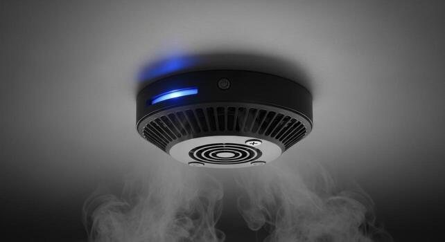 A modern smoke detector set against a calm, softly lit ceiling